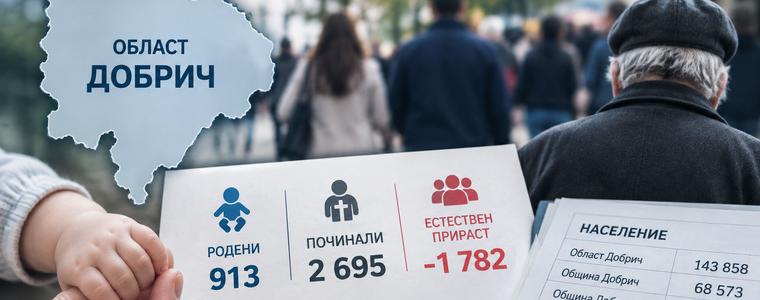 Населението на област Добрич е намаляло за година с над 1300 души